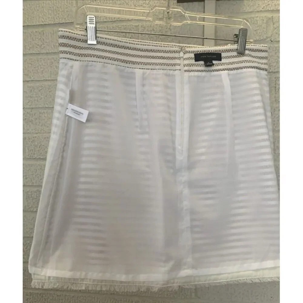 Ann Taylor Cotton Skirt Ivory Tan Stripe Tweed Sz 8 Faux Wrap Lined Fringe NWOT